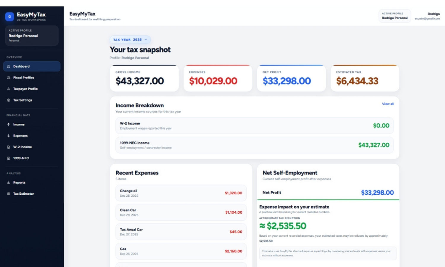 EasyMyTax dashboard showing income, expenses, estimated tax and savings impact